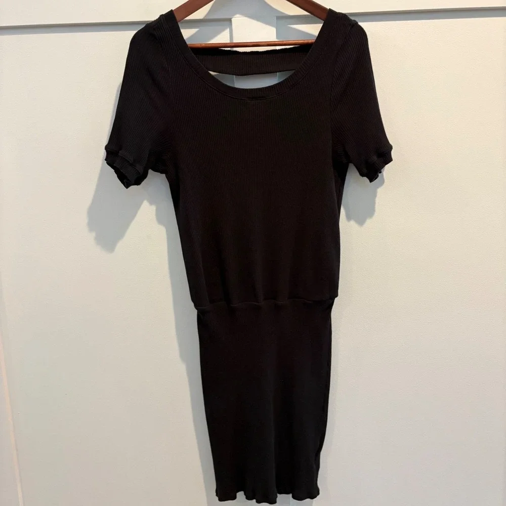Free People Beach Ribbed Open Back‎ Dress Large Black Swim Cover Up Resort Wear